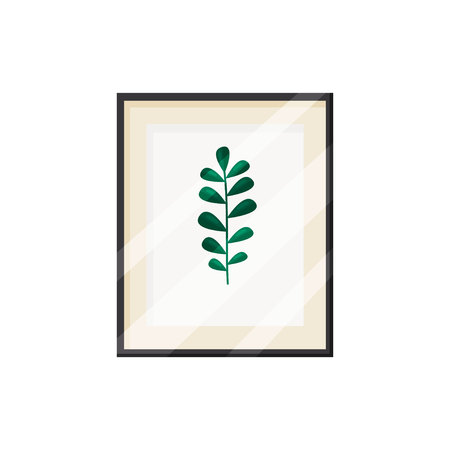 Green leaf in frame. Picture and herbarium. Decor element for living room. Interior object in apartment. House concept. Vector flat illustration.のイラスト素材