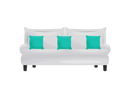 Sofa with green pillows on white background. Decor element for living room. Interior object in apartment. House concept. Vector flat illustration.のイラスト素材
