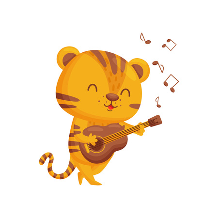 Happy tiger playing guitar on white background.のイラスト素材