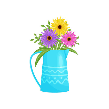 Colorful flowers bouquet in blue vase. Spring and floral concept. Vector flat illustration.のイラスト素材