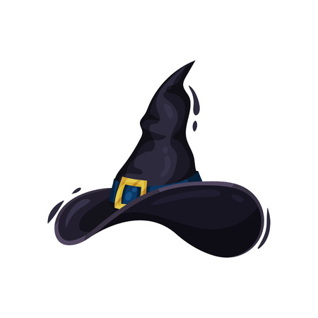 Witch hat with buckle on white background. Traditional wizard cap. Decoration for Halloween holiday. Vector flat illustration.のイラスト素材