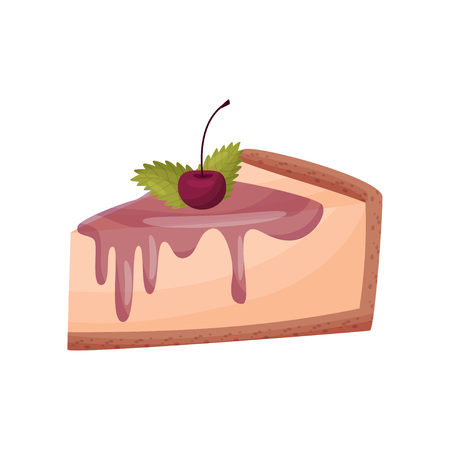 Cappuccino cheesecake with cherry on white background. Bakery concept. Homemade birthday cake. Delicious dessert. Vector flat illustration.のイラスト素材