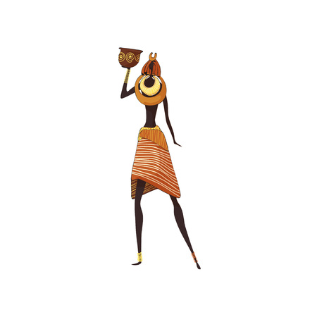 African woman with traditional ceramic vase on white background. Ancient civilization and aborigines. African tribe fashion traditions. Vector flat illustration.のイラスト素材