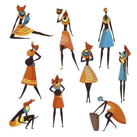 Collection of cartoon african women in retro style on white background. Ancient civilization. African tribe fashion traditions. Vector flat illustration.のイラスト素材