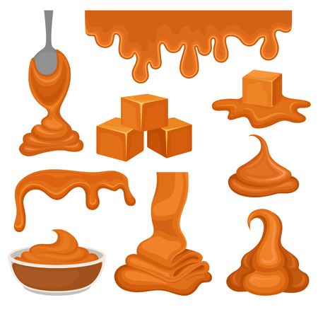 aramel products ollection on white background. Toffee and sweet candy concept. Vector flat illustration.のイラスト素材