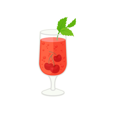 Cocktail with cherry berries on white background. Alcoholic and soft drink concept. Cool tasty beverage. Vector flat illustration.のイラスト素材