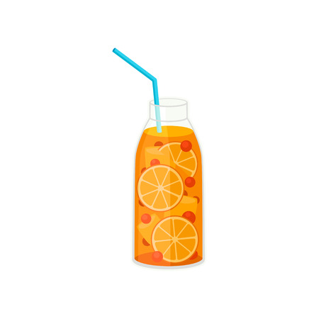 Citrus cocktail in glass on white background. Fresh alcoholic and soft drink. Tropical holiday cocktail. Vector flat illustration.のイラスト素材