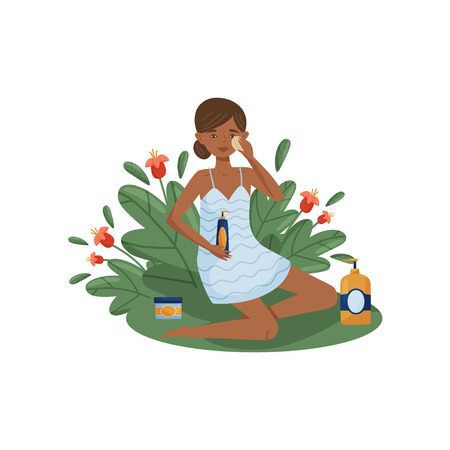 Beautiful woman with washing lotion on white background. Organic cosmetic and beauty concept. Advertising natural cosmetics for face and body. Vector flat illustration.のイラスト素材