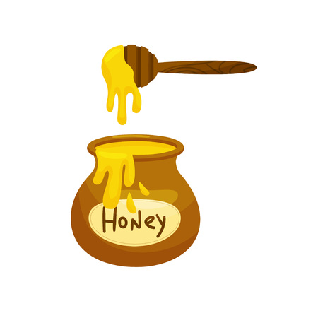 Full honey pot with a spoon. Vector illustration on white background.のイラスト素材