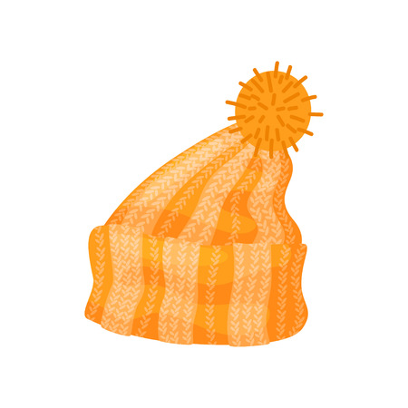 Knitted striped orange cap with a pompon. Vector illustration on white background.のイラスト素材