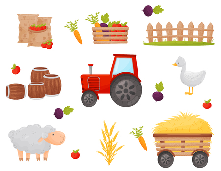 Set of farmer element. Vegetables and Farm animals. Vector illustrations.のイラスト素材