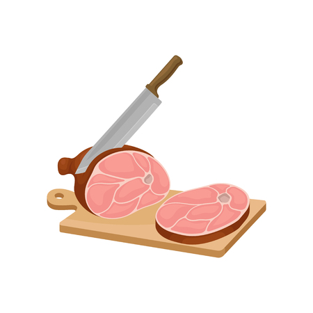 Knife cuts a piece of meat on a wooden board. Vector illustration on white background.のイラスト素材