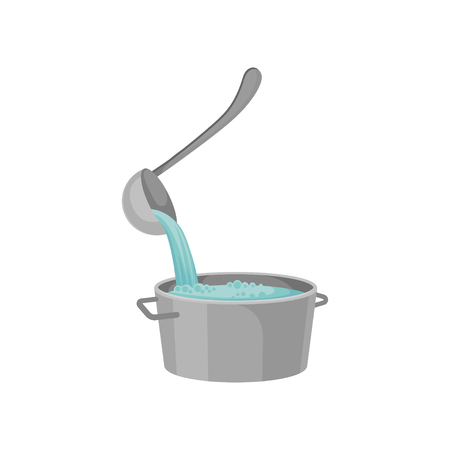 Ladle pours hot broth in a full pan. Vector illustration on white background.のイラスト素材