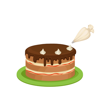Decorating a chocolate cake with pastry bag cream. Green dish. Vector illustration on white background.のイラスト素材