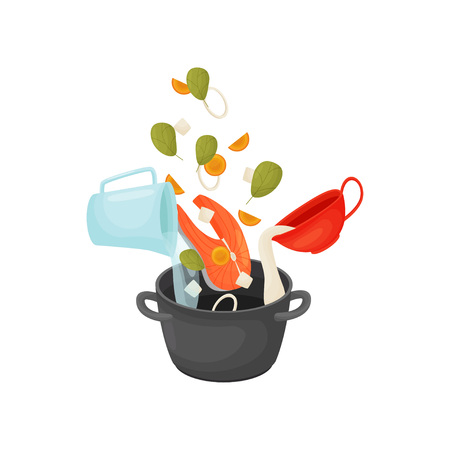 Cook the soup with fish and vegetables. Ingredients are poured into the pan. Vector illustration on white background.のイラスト素材