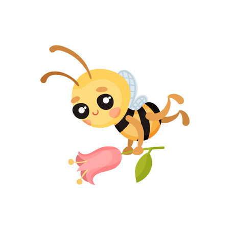 Cartoon bee flies with a pink flower in their hands. Vector illustration on white background.のイラスト素材