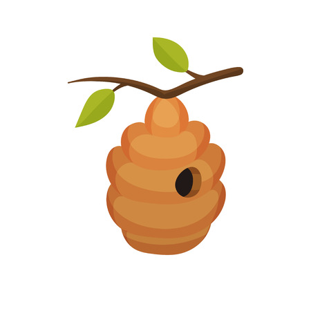 Brown beehive hanging from a tree branch with listmi. Vector illustration on white background.のイラスト素材