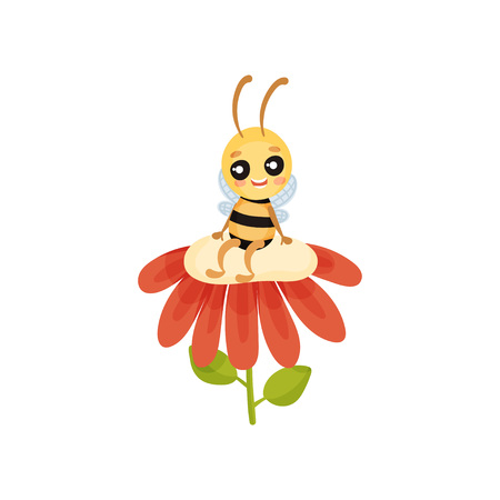 The cartoon bee sits on a large red flower. Vector illustration on white background.のイラスト素材