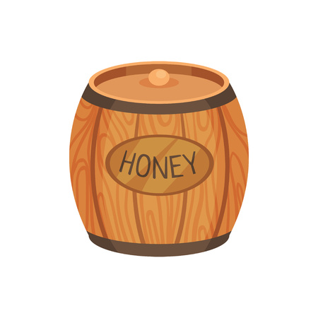Closed wooden barrel with an inscription with honey. Vector illustration on white background.のイラスト素材