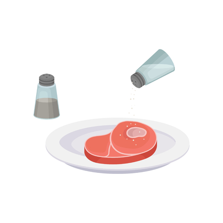 Raw steak on a plate salt and pepper. Vector illustration on white background.のイラスト素材