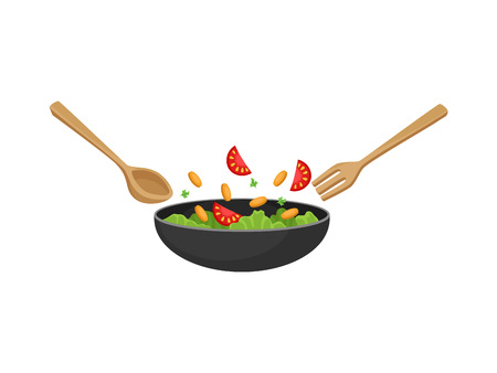 Vegetable salad with meat, cherry tomatoes, olives and lettuce, healthy eating concept vector Illustrationのイラスト素材