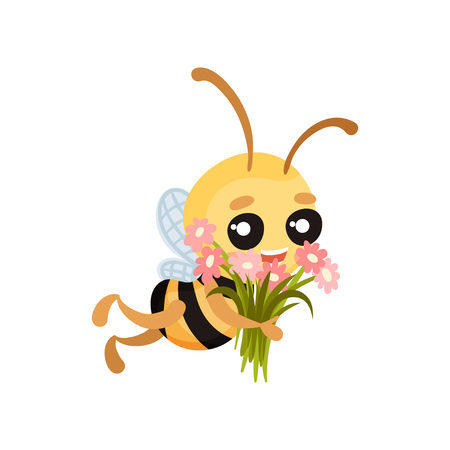 Cartoon bee flies with a bouquet of pink flowers in their hands. Vector illustration on white background.のイラスト素材