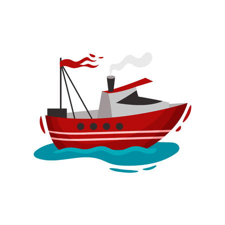 Red motor ship with a red flag. Vector illustration on white background.のイラスト素材