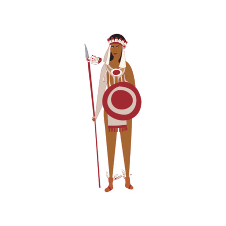 Young man standing with a red Indian with a spear and shield in hand. Vector illustration on white background.のイラスト素材