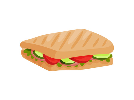 Rectangular sandwich with ham, tomato and cucumber. Vector illustration on white background.のイラスト素材