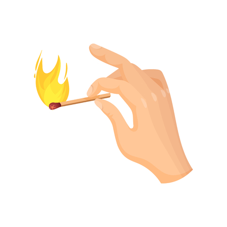 Lit match in hand. Vector illustration on white background.のイラスト素材