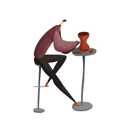 Potter sculpts a clay jug. Sits on a high chair. Vector illustration on white background.