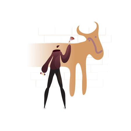 Graffiti artist draws sprays a cow on the wall. Vector illustration on white background.のイラスト素材