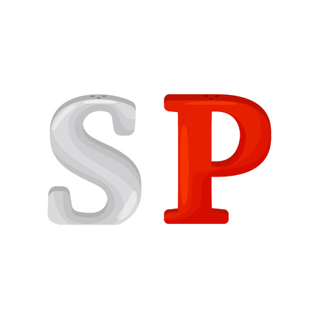 Stylish salt and pepper shaker in the form of a silver letter S and a red letter P. Vector illustration on white background.のイラスト素材