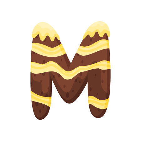 English letter M in the form of a chocolate cake. Decorated with yellow stripes with drops. Vector illustration on white background.のイラスト素材
