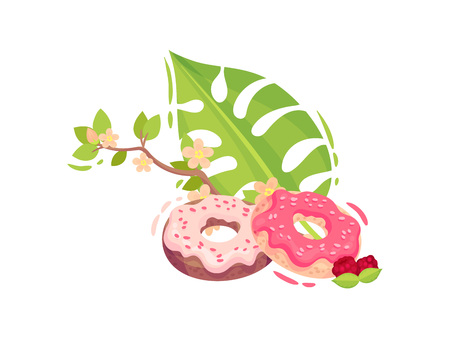 Two donuts in pink icing sprinkled with chips. Decorated with a large leaf, a branch of cherry blossoms and raspberry berries. Vector illustration on white background.のイラスト素材