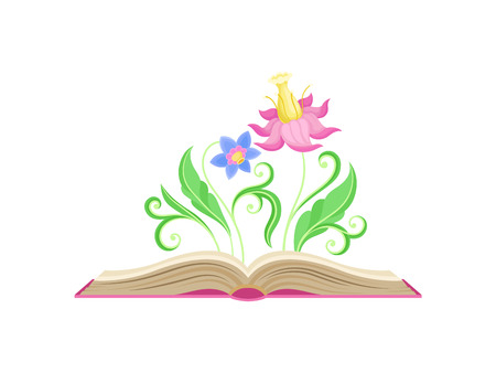 Fabulous flowers with blue and pink petals, a large pestle in the center, lush leaves. Vector illustration on white background.のイラスト素材