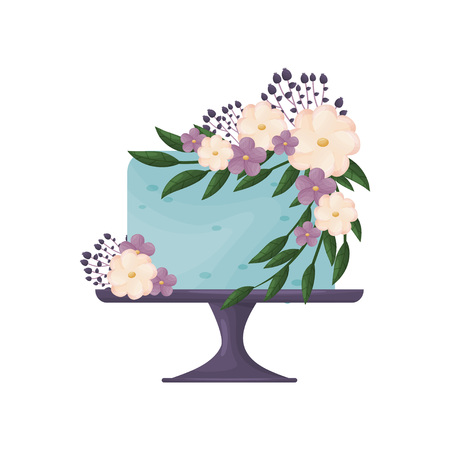 Blue cake with pink and purple flowers. Vector illustration on white background.のイラスト素材
