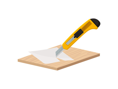 Yellow construction knife cuts paper. Vector illustration on white background.のイラスト素材