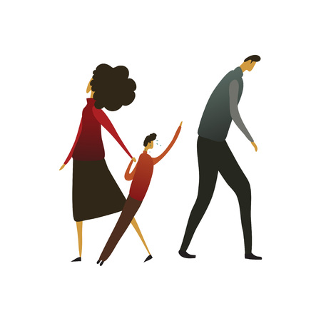 Woman leads a child away from a sad man. The boy cries and stretches back. Vector illustration on white background.のイラスト素材