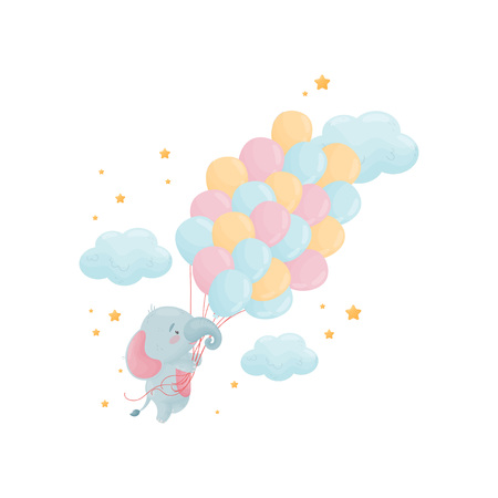 Cute baby elephant flies on a large bunch of blue and pink balloons. Vector illustration on white background.のイラスト素材