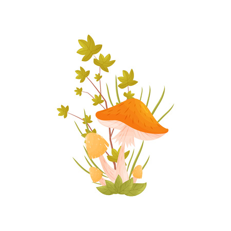 Mushrooms with orange cap, decorated with twigs and leaves. Vector illustration on white background.のイラスト素材
