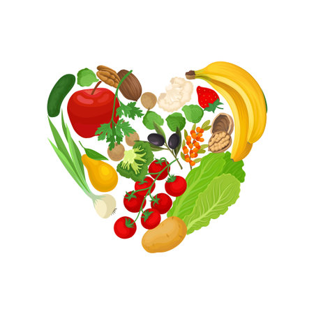 Vegetables, fruits and nuts are laid out in the shape of a heart. Vector illustration on white background.のイラスト素材