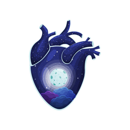 Blue moon inside the heart. Vector illustration on white background.のイラスト素材