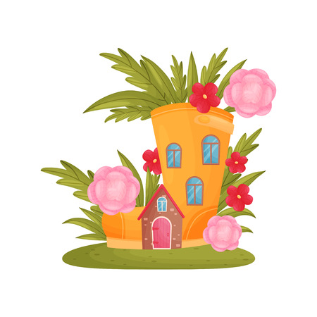 Fairy-tale house of high boots among the grass and pink flowers. Vector illustration on white background.のイラスト素材