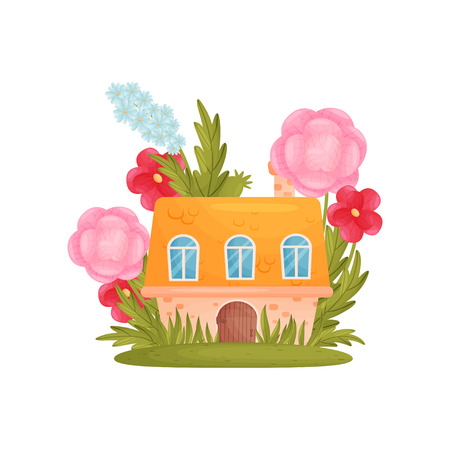 Fairy tale house among the grass and flowers. Vector illustration on white background.のイラスト素材