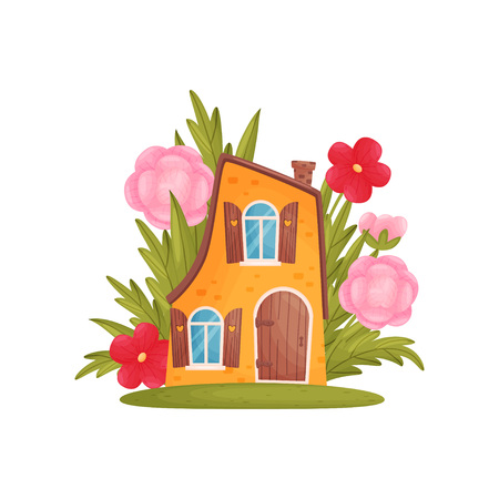 Fabulous two-story house in the grass and flowers. Vector illustration on white background.のイラスト素材