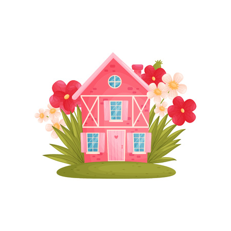 Fabulous pink house among large flowers. Vector illustration on white background.のイラスト素材
