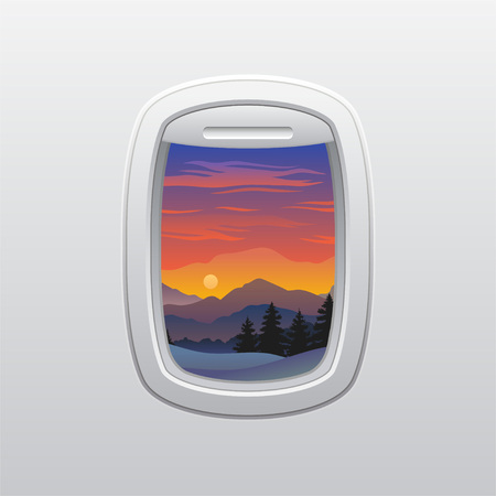Silhouettes of fir trees and mountains in the background of the sunset. The view from the window of the plane. Vector illustration.のイラスト素材