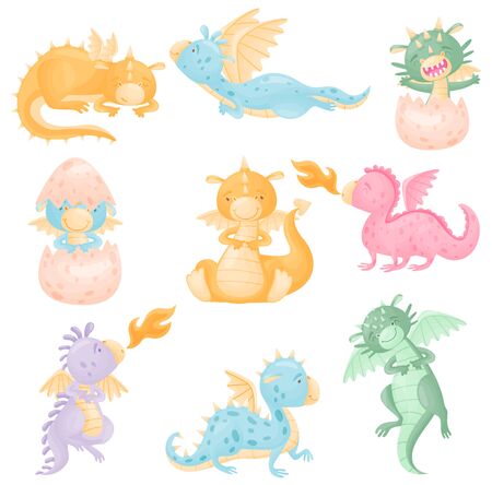 Set of cute dragons. Vector illustration on white background.のイラスト素材