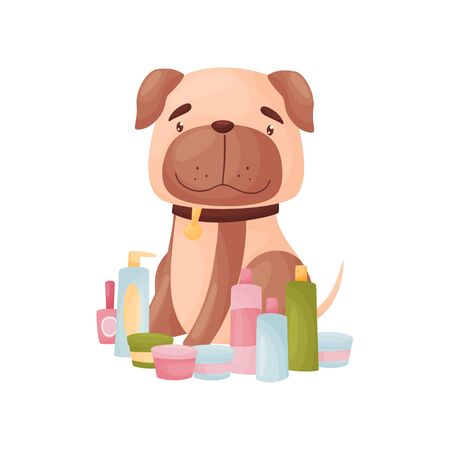 Cartoon pug sitting among tubes. Vector illustration on white background.のイラスト素材